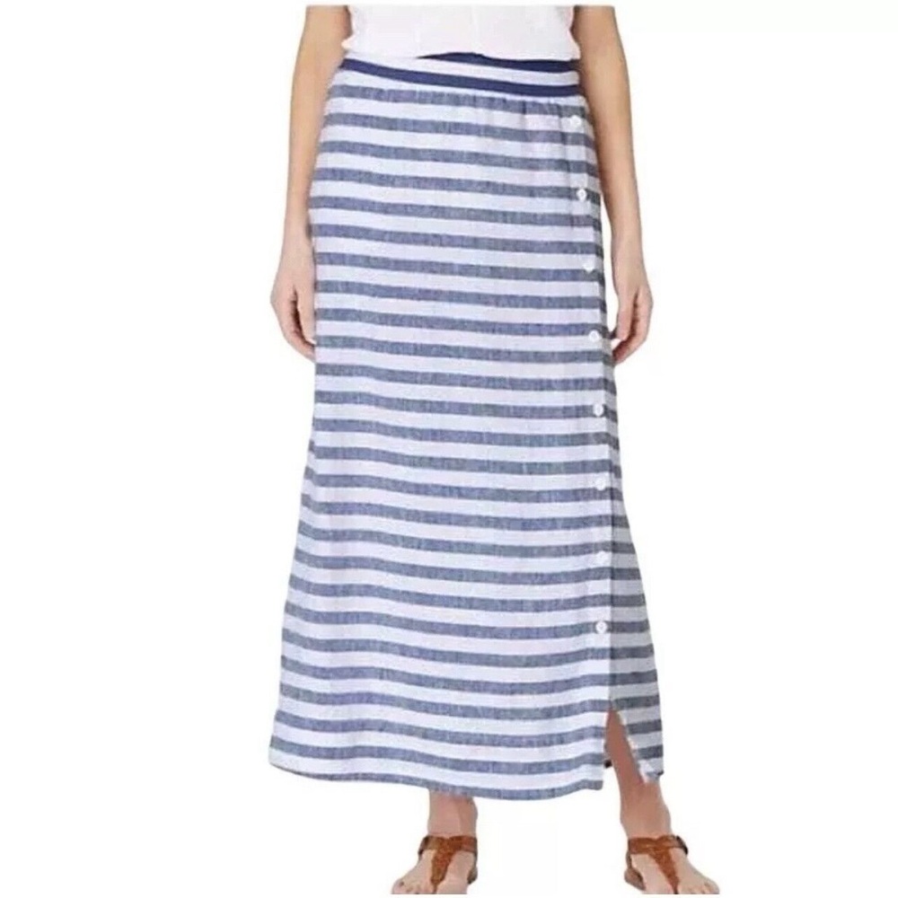 J Jill Love Linen Blue Stripe Nautical Coastal Maxi Pencil skirt Sz Large